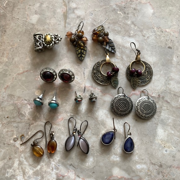 Jewelry - Vintage Boho Earring Lot 10 Pairs Mixed Metals Turquoise Red Blue Leaf Charms